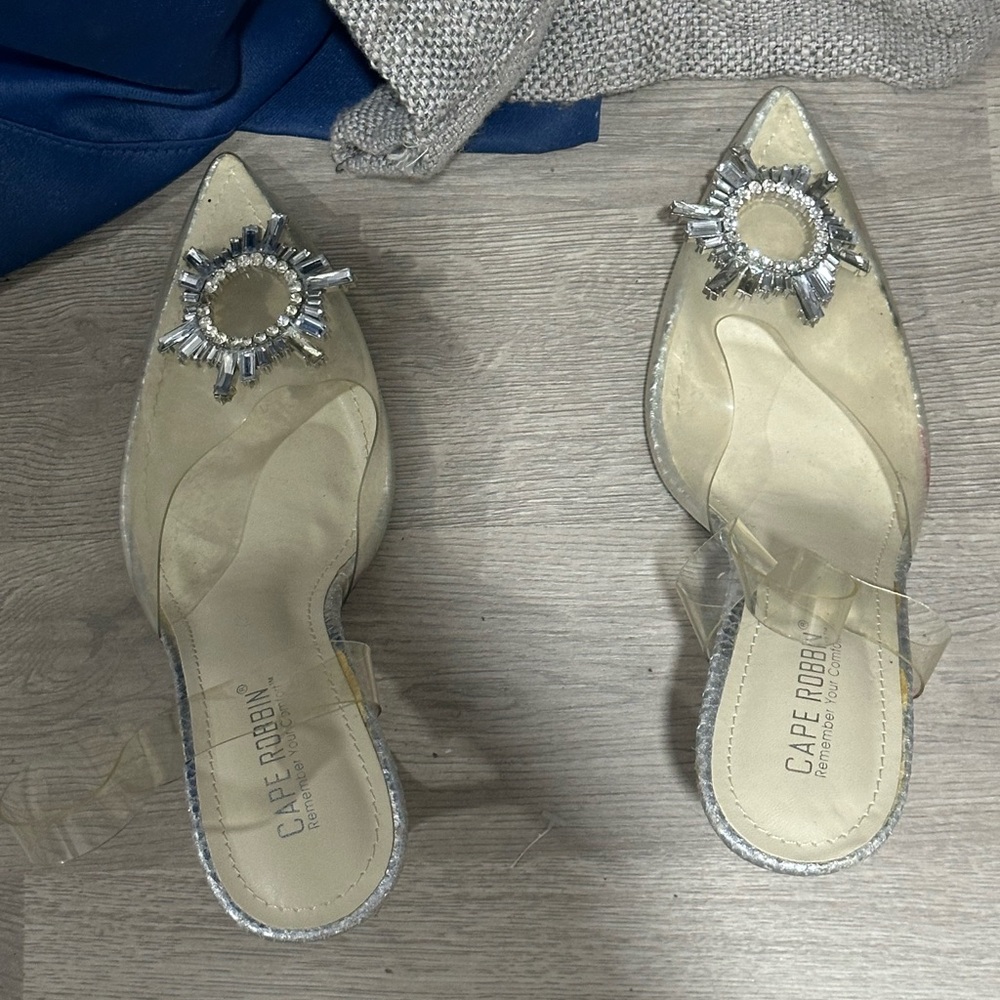 Cape Robbin Clear Pointed Toe Heels with Crystal Sunburst - Silver